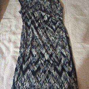 Women’s Sleeveless Patterned Midi Dress – Blue & Green Geometric Print, Side Sli